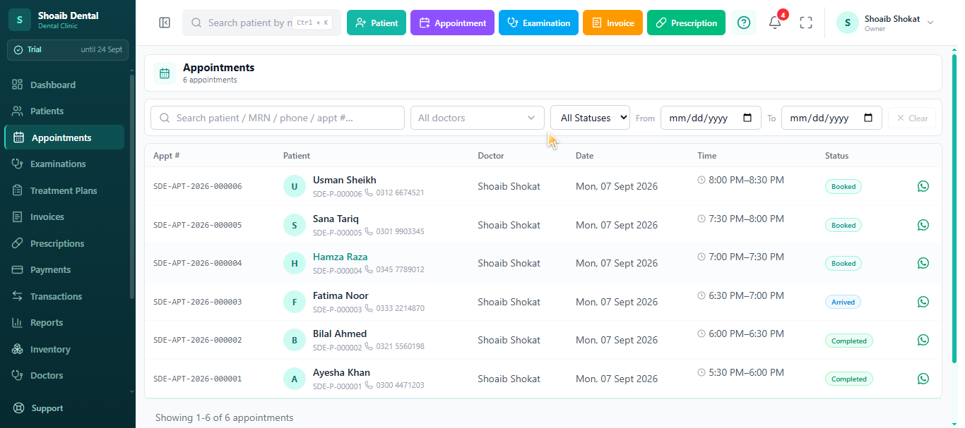 jDent appointment list with appointment number, patient MRN, doctor, time and status
