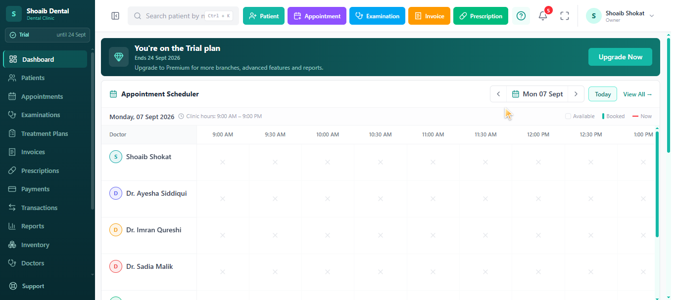 jDent Appointment Scheduler - Every doctor across the top, time slots down the side. Drag an appoint