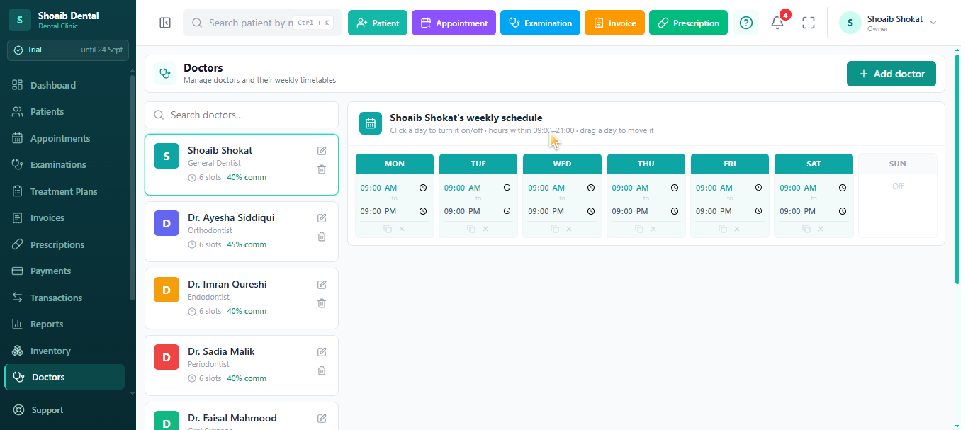 jDent doctor management showing specialisation, commission percentage and weekly timetable