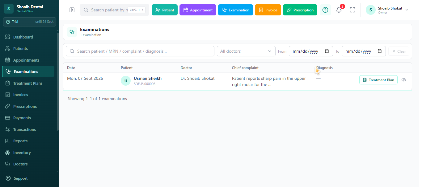 jDent examinations list showing date, patient, doctor, chief complaint and diagnosis