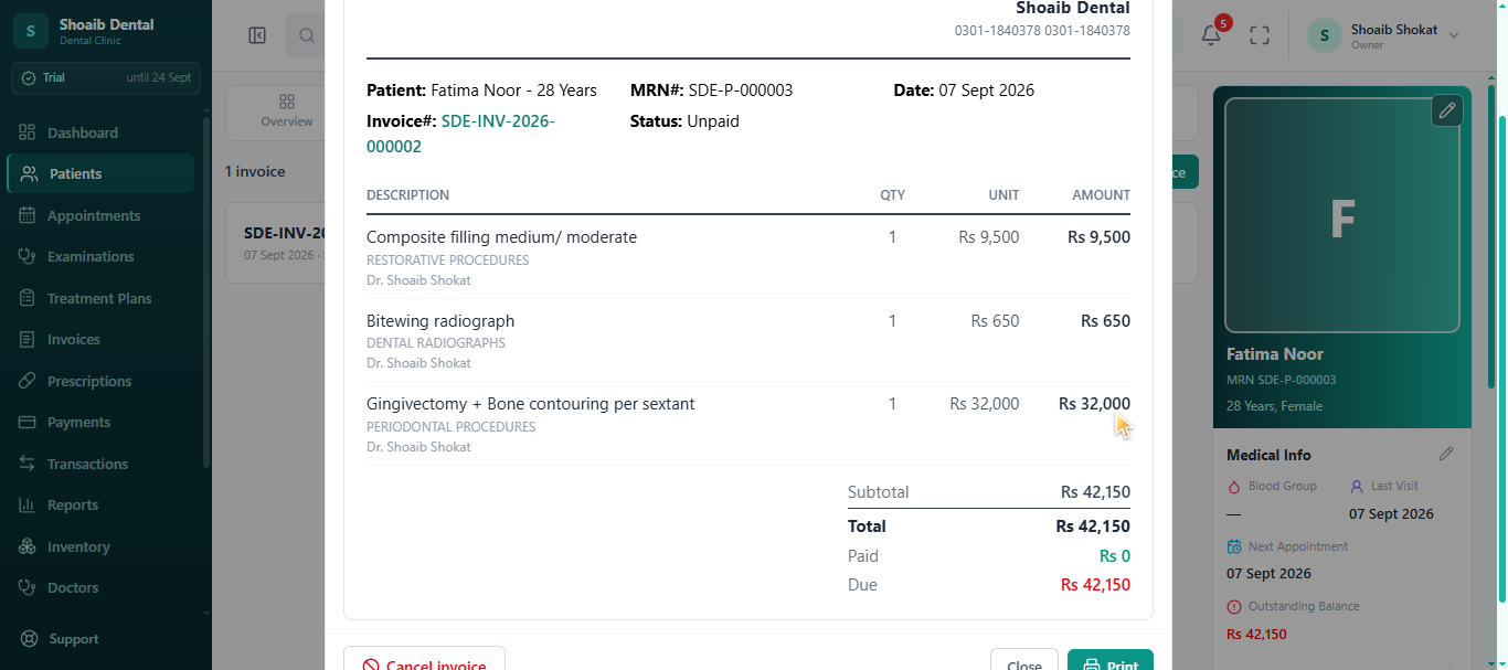 jDent Invoices on Your Letterhead - Itemised PKR invoices with category and treating doctor per line, subt