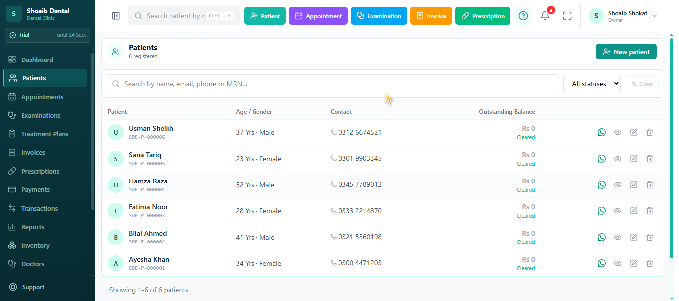 jDent Patient Records - Name and MRN together, contact details, and a clear outstanding balanc