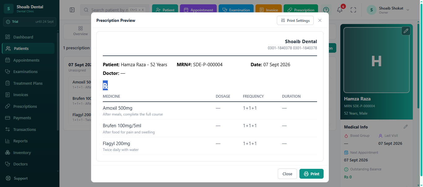 jDent prescription preview on clinic letterhead listing medicine, dosage, frequency and duration